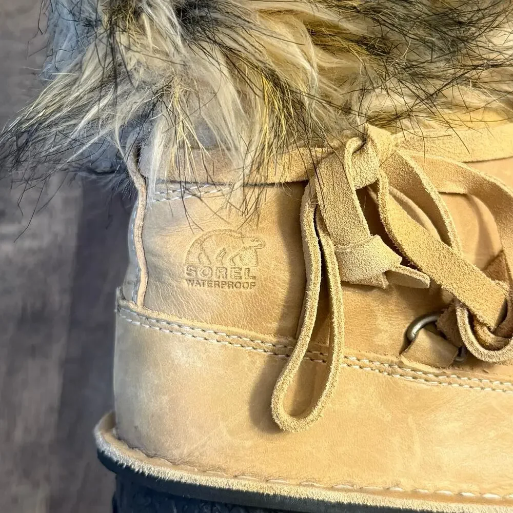 Sorel Ahnah Boots Leather Faux Fur Winter Waterproof Pull On Tan Women’s 8.5